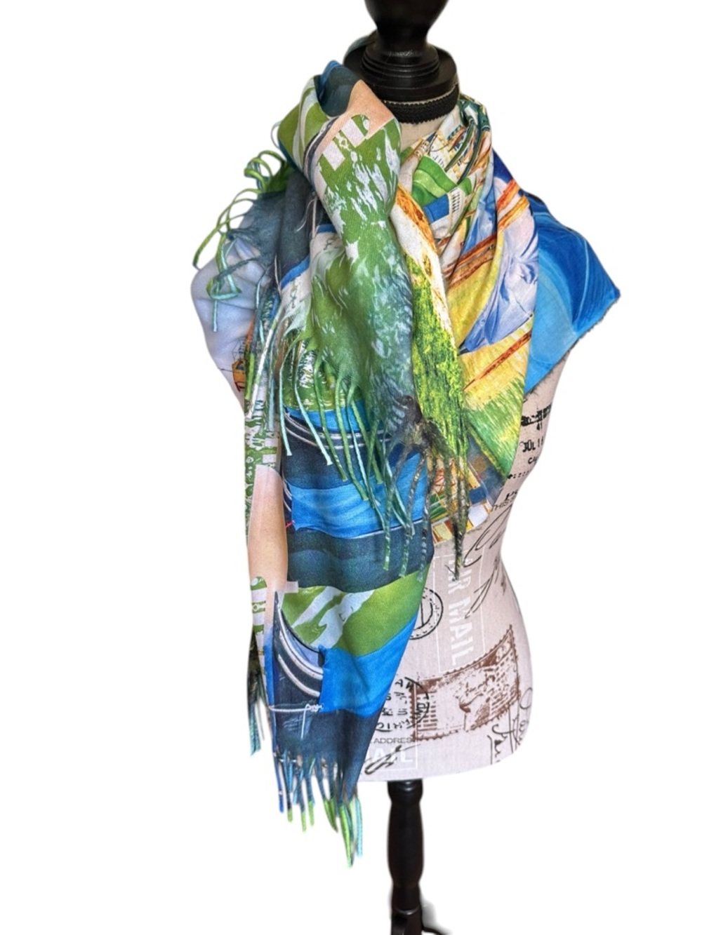 Reversible Venice Italy Scenic Fringe Oversized Scarf NWT Raw Hem 24x72 Art Wear - Picture 10 of 16